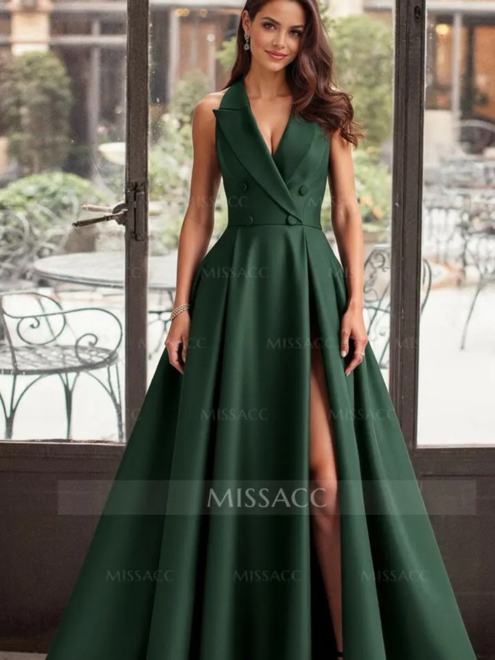 MissAcc Dark Green Sleeveless V-Neck A-Line Evening Gown with High Slit